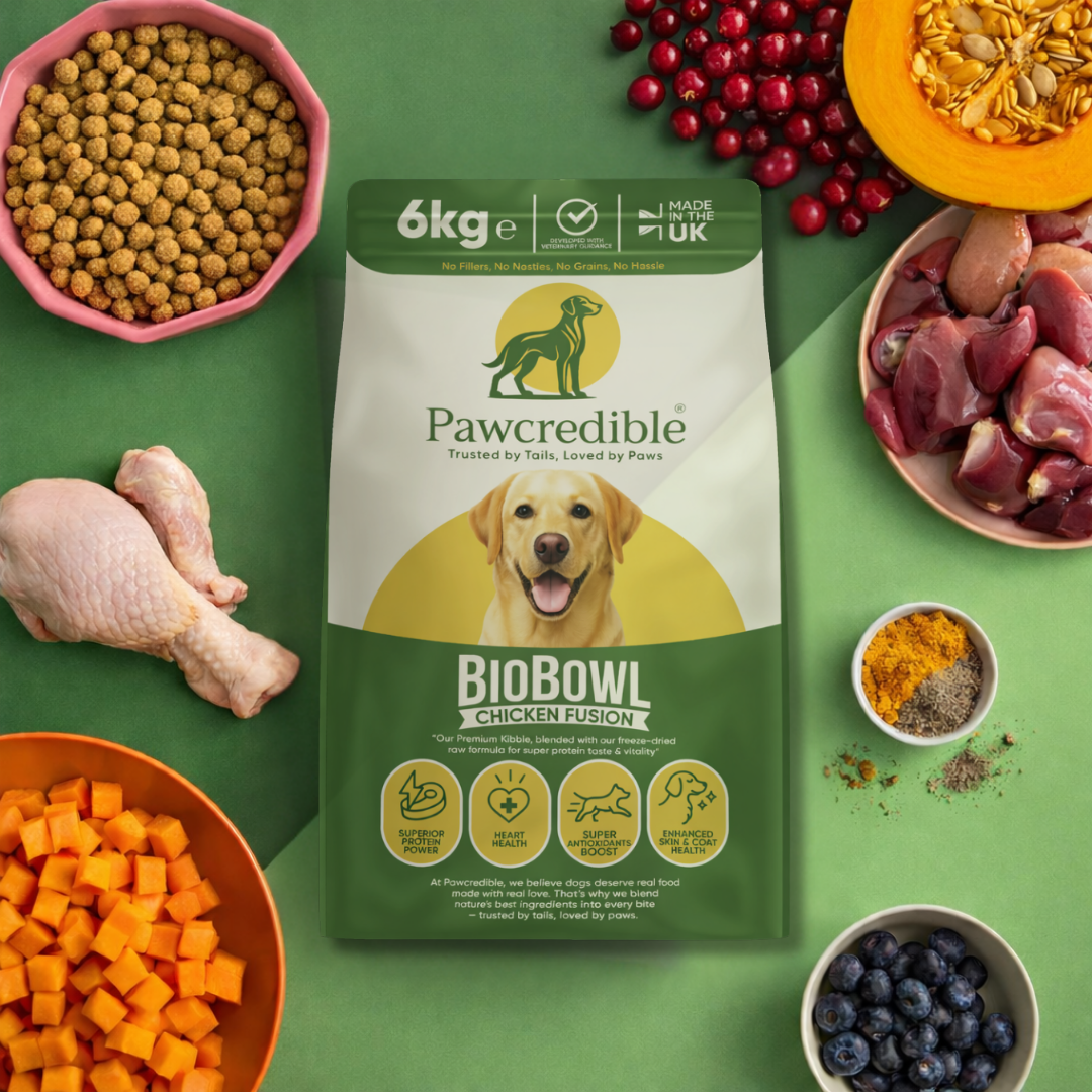 Pawcredible BioBowl Chicken Fusion with natural ingredients including chicken sweet potato blueberries and superfoods