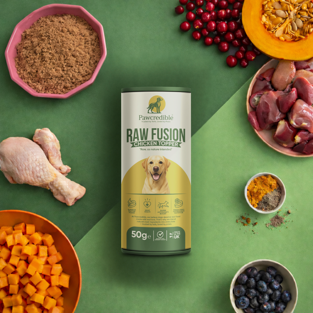 Pawcredible Raw Fusion Chicken Meal Topper with natural ingredients including chicken sweet potato blueberries and superfoods