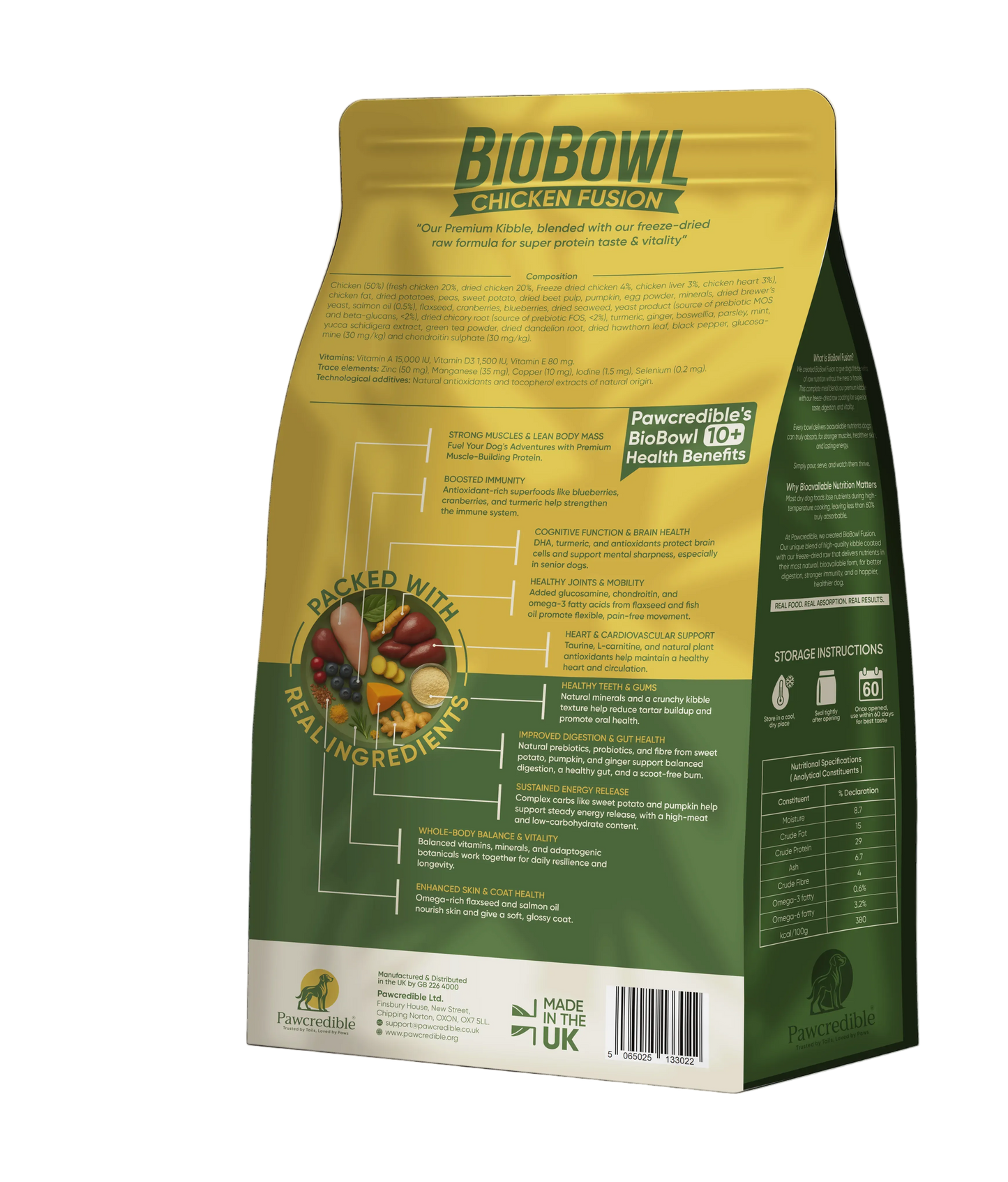 Pawcredible BioBowl Chicken Fusion 6kg back of pack feeding guidelines and nutritional information