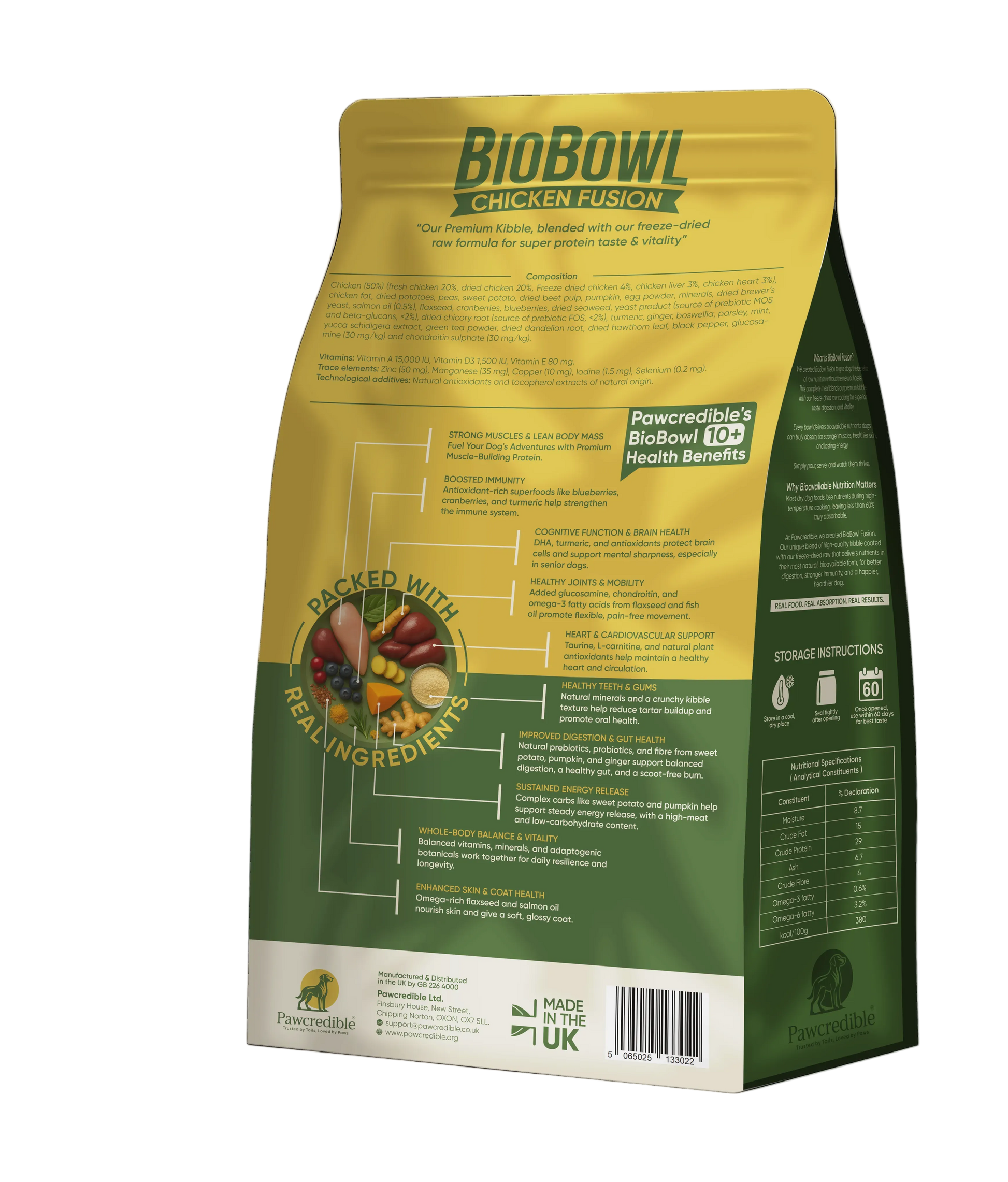 Pawcredible BioBowl Chicken Fusion 6kg back of pack feeding guidelines and nutritional information