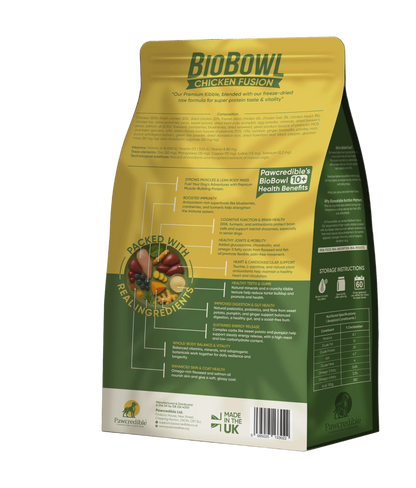 Pawcredible BioBowl Chicken Fusion 6kg back of pack feeding guidelines and nutritional information