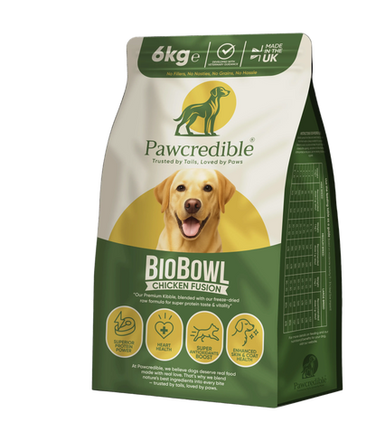 Pawcredible BioBowl Chicken Fusion 6kg freeze-dried raw coated kibble dog food grain-free made in UK
