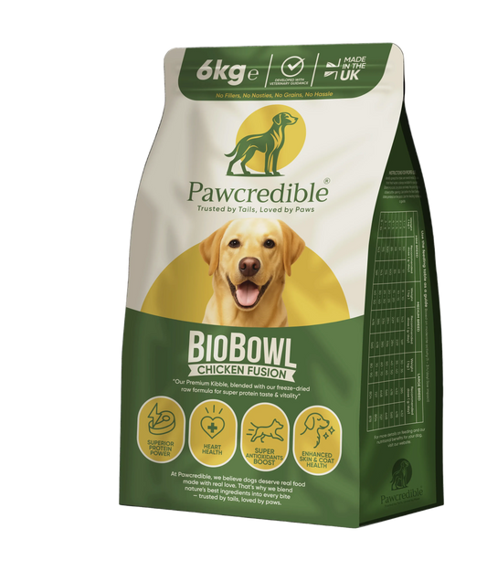 Pawcredible BioBowl Chicken Fusion 6kg freeze-dried raw coated kibble dog food grain-free made in UK