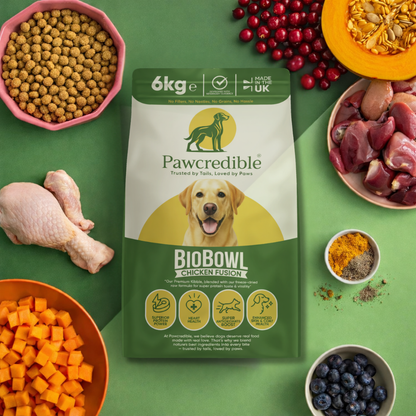 Pawcredible BioBowl Chicken Fusion with natural ingredients including chicken sweet potato blueberries and superfoods
