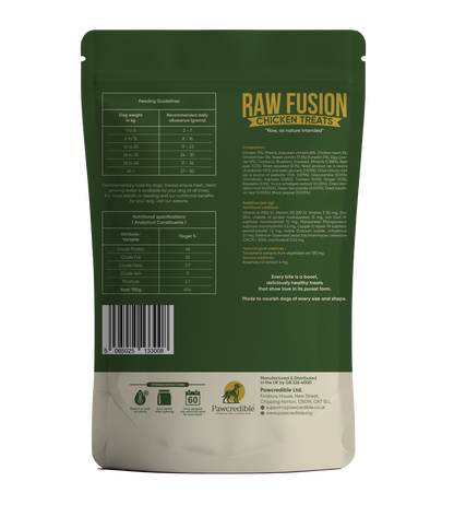 Pawcredible Raw Fusion Chicken Dog Treats 30g back of pack ingredients and nutritional information