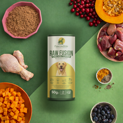 Pawcredible Raw Fusion Chicken Meal Topper with natural ingredients including chicken sweet potato blueberries and superfoods
