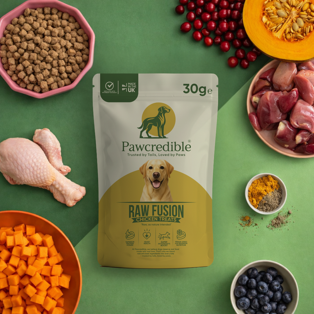 Pawcredible Raw Fusion Chicken Dog Treats 30g with natural ingredients including chicken sweet potato blueberries and superfoods